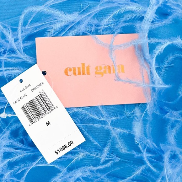 Cult Gaia Eliana Cutout One-Shoulder Feather Mini Dress Lake Blue - Picture 13 of 14